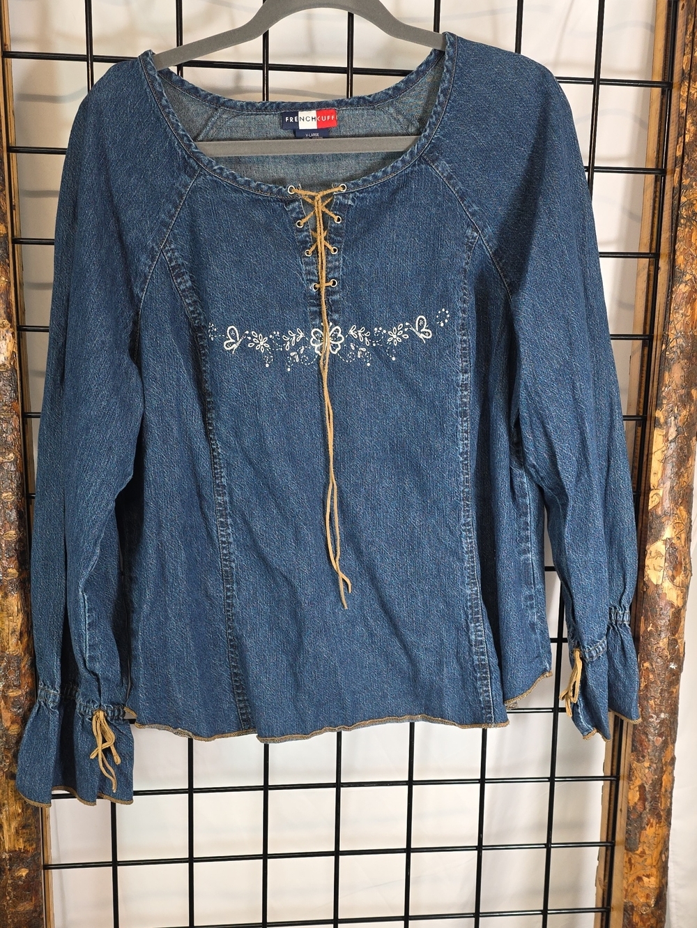 french kuff Denim Lace-Up Tunic with White Embroidery